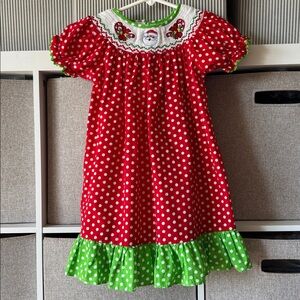 LIL CACTUS Santa Themed Red Polka Dot Dress with Green Trim Size 12 - 24M Cotton